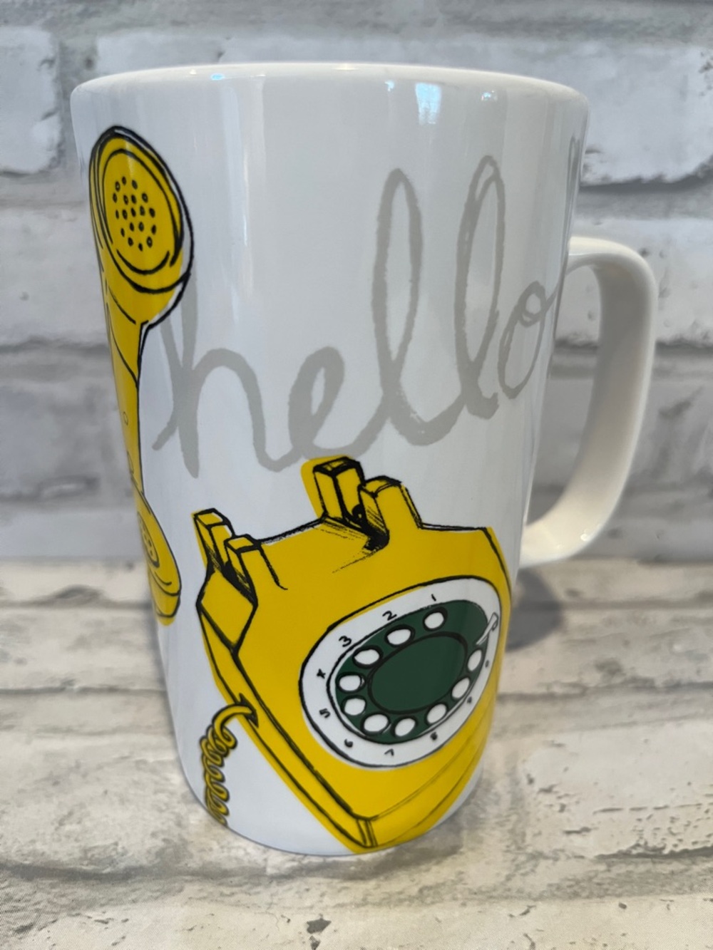 Starbucks White Ceramic coffee mug   yellow green retro rotary dial phone 16 oz